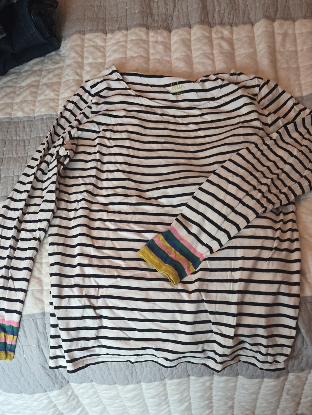 Boden Navy & White Striped Long Sleeve Tee with Multicolor Cuffs